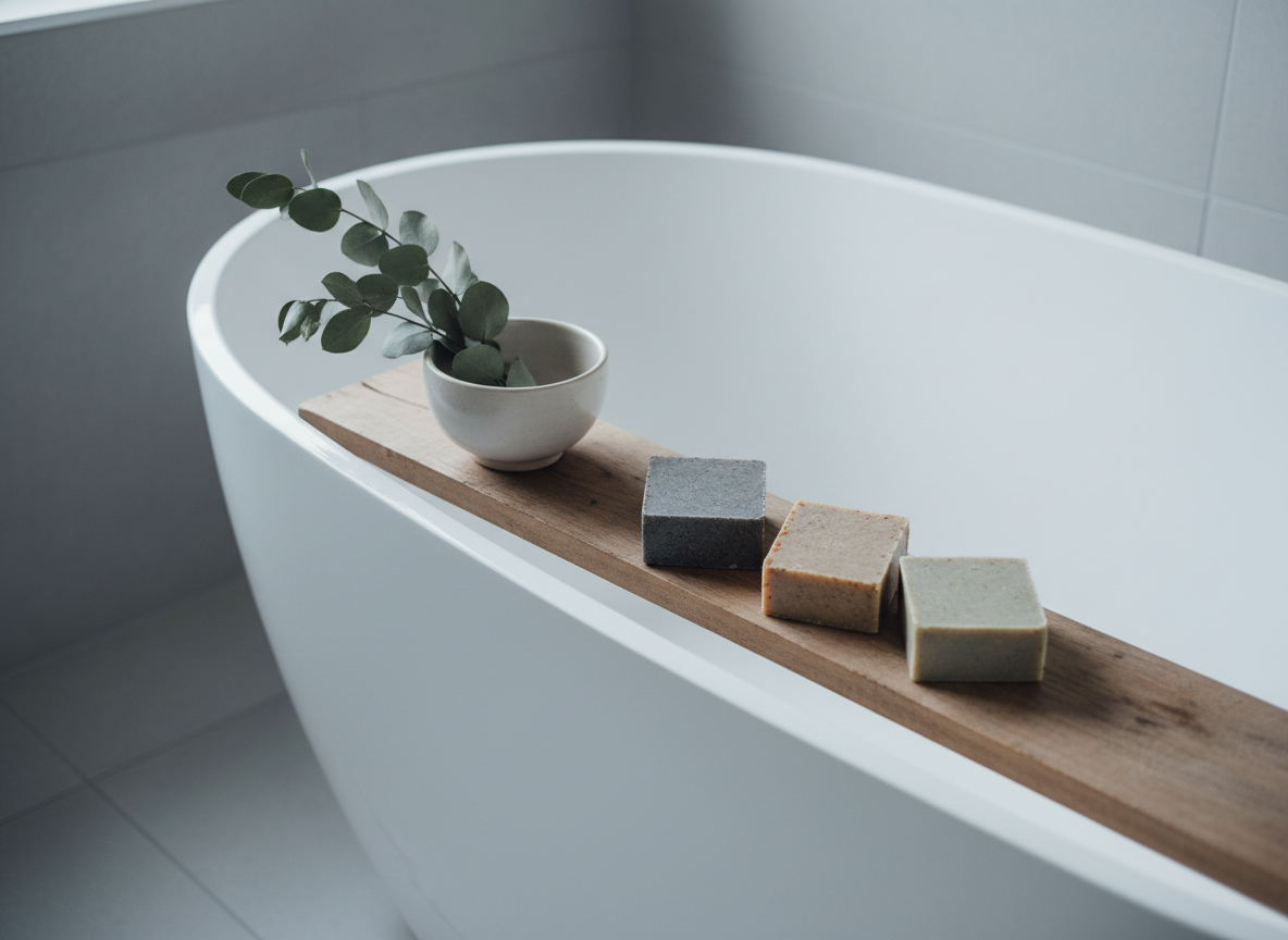 A minimal, spa-like bathroom vignette featuring a narrow wooden tray resting across a pristine white freestanding tub. On the tray, three natural soap bars in complementary neutral tones—stone gray, sand, and pale olive—are arranged in a gentle diagonal line. Beside them, a small, matte ceramic bowl contains dried eucalyptus leaves. Soft, overcast daylight enters from a large unseen window, creating a cool, even illumination with subtle reflections on the tub’s curved surface. The background is intentionally uncluttered, showing only faint hints of light gray tile. Photographic realism, captured at a slightly elevated side angle with shallow depth of field. The mood is serene, elevated, and sophisticated, suggesting a quiet ritual of simple, natural bathing.