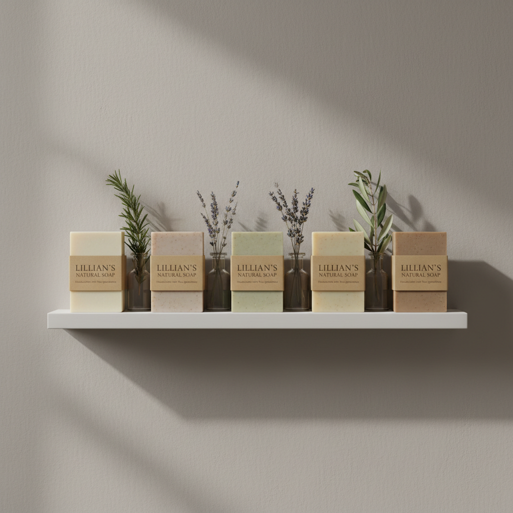 An elegant product display for Lillian’s Natural Soap on a narrow, matte white shelf against a soft, warm-gray wall. Several soap bars in harmonious neutral shades stand upright, each wrapped in understated kraft paper bands with refined typography, leaving the smooth tops of the soap exposed. Between them, small clear glass vessels hold sprigs of dried rosemary, lavender, and olive branches, adding subtle organic shapes. Indirect daylight from above and to the left creates soft, even illumination and gentle shadows that emphasize form without clutter. Photographic realism, composed with strong horizontal lines and generous negative space, shot straight-on at eye level. The mood is modern, sophisticated, and calm, ideal for a hero image presenting a timeless natural brand.