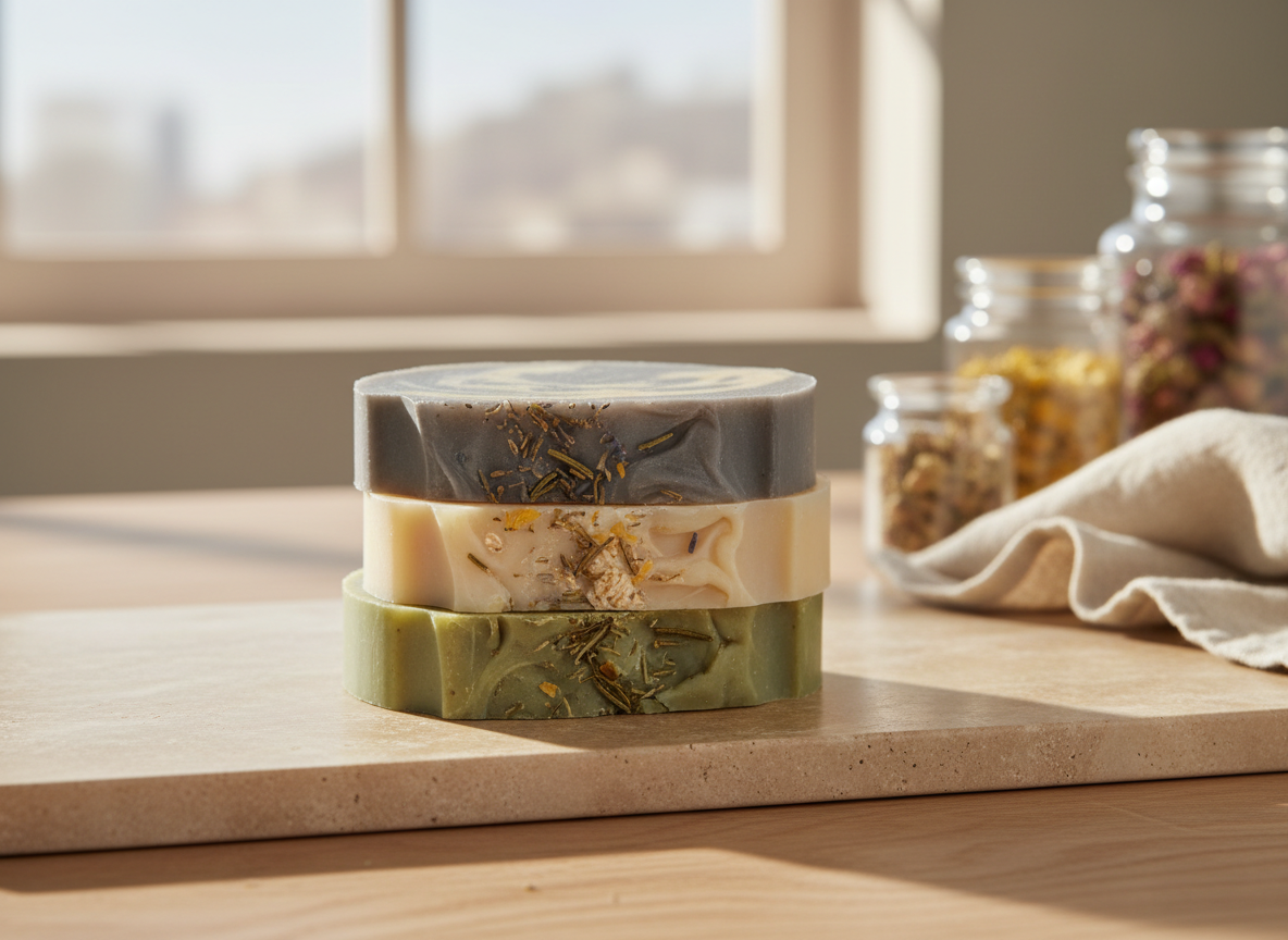 A collection of handcrafted natural soap bars arranged in a graceful stack on a smooth, warm-toned stone slab. Each bar has softly beveled edges and muted, earthy colors—sage green, oatmeal cream, charcoal gray—subtly marbled with botanical swirls. Tiny flecks of herbs and flower petals are visible within the soap, suggesting rich, natural ingredients. The scene is set near a large window on a wooden surface with visible grain, bathed in soft morning sunlight that creates gentle highlights and diffused shadows. Out-of-focus glass jars of dried herbs and a linen cloth form a minimalist background. Photographic realism, shot at eye level with a shallow depth of field, evokes a refined, serene, and sophisticated atmosphere.