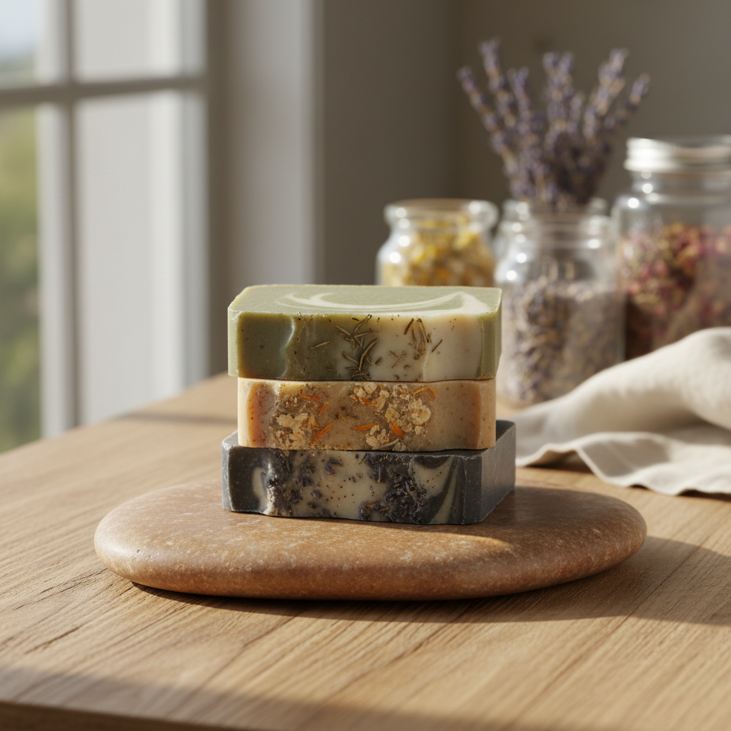 A collection of handcrafted natural soap bars arranged in a graceful stack on a smooth, warm-toned stone slab. Each bar has softly beveled edges and muted, earthy colors—sage green, oatmeal cream, charcoal gray—subtly marbled with botanical swirls. Tiny flecks of herbs and flower petals are visible within the soap, suggesting rich, natural ingredients. The scene is set near a large window on a wooden surface with visible grain, bathed in soft morning sunlight that creates gentle highlights and diffused shadows. Out-of-focus glass jars of dried herbs and a linen cloth form a minimalist background. Photographic realism, shot at eye level with a shallow depth of field, evokes a refined, serene, and sophisticated atmosphere.