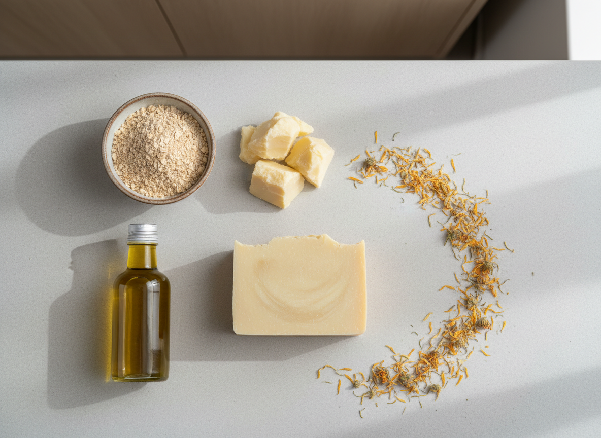 An assortment of natural soap-making ingredients neatly arranged on a clean, light stone countertop. Finely ground oatmeal in a small ceramic bowl, unrefined shea butter in soft off-white chunks, olive oil in a slender glass bottle, and scattered dried calendula petals create a harmonious, organic palette of creams, golds, and soft oranges. At the center lies a freshly cut, unscented soap loaf with a smooth, creamy texture and faint swirl patterns. Overhead, diffused daylight from a nearby window casts delicate shadows and highlights subtle textures. The background is softly blurred, showing hints of neutral cabinetry. Photographic realism with a top-down, flat-lay composition captures a meticulous, sophisticated workspace with a calm, intentional atmosphere.