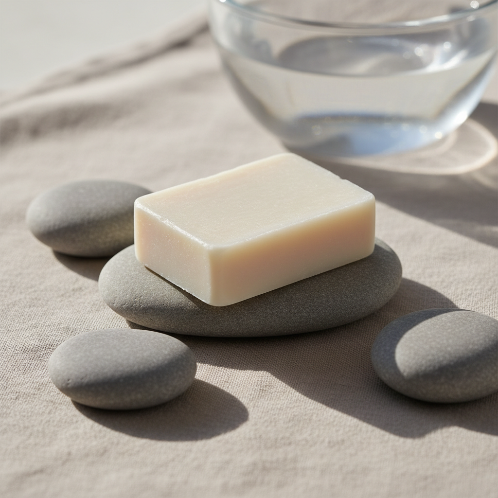 A tranquil, nature-inspired scene showcasing a single bar of unscented, creamy-white soap balanced on a flat river stone, surrounded by a few larger, smooth gray pebbles. The arrangement rests on a lightly textured linen cloth in a gentle taupe tone. In the softly blurred background, a clear glass bowl of water reflects delicate ripples of light. Early morning natural light filters in from the side, creating soft highlights on the soap’s matte surface and subtle shadows under the stones. Photographic realism, shot from a low, intimate angle with a shallow depth of field. The composition feels contemplative and pure, emphasizing simplicity, balance, and the quiet sophistication of natural, uncomplicated skincare.