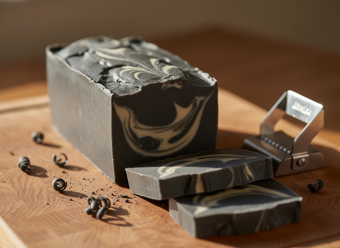A close-up of a freshly cut loaf of artisan natural soap on a rustic yet refined wooden cutting board. The loaf is a deep charcoal with a gentle, swirling cream pattern on top, its surface smooth but slightly satin in texture. A stainless-steel soap cutter with a clean, sharp edge rests nearby, with a few perfectly sliced bars aligned in a neat row. Tiny curls of soap and a light dusting of charcoal powder add tactile detail. Soft late-afternoon light from the side creates delicate contrast and reveals fine textures without harsh shadows. Photographic realism, shot at a low angle with the foremost soap bar in crisp focus and the rest fading into a gentle bokeh. The atmosphere is artisanal, precise, and quietly luxurious.