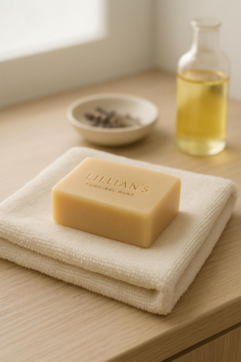 A single rectangular bar of Lillian’s natural soap resting on a folded, ivory organic cotton towel atop a pale oak bathroom counter. The soap is a warm, creamy beige with a subtle embossed logo and a matte, velvety surface that catches soft, diffused light. Around it, a small ceramic dish with dried lavender sprigs and a clear glass bottle of natural oil sit slightly out of focus. Gentle daylight filters through an unseen frosted window, creating a calm, even glow with barely-there shadows. Photographic realism, composed with the soap on the lower third of the frame, shot from a slightly elevated angle. The mood is luxurious yet understated, emphasizing simplicity, purity, and quiet sophistication.